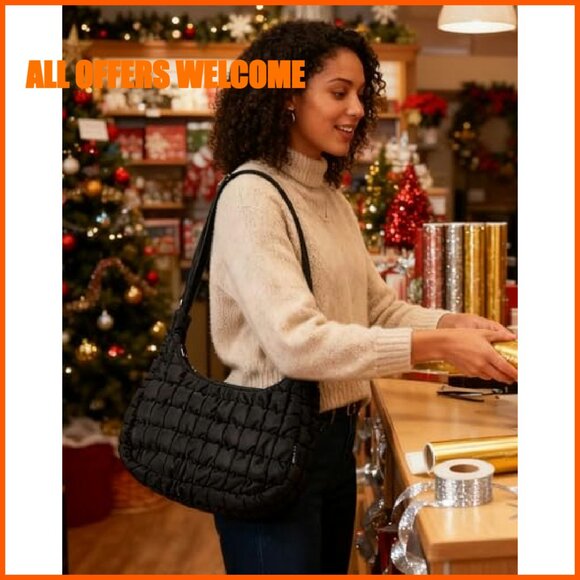 Quilted Puffy Crossbody Hobo Bag, Adjustable Strap, Water-Resistant Nylon - Picture 4 of 8